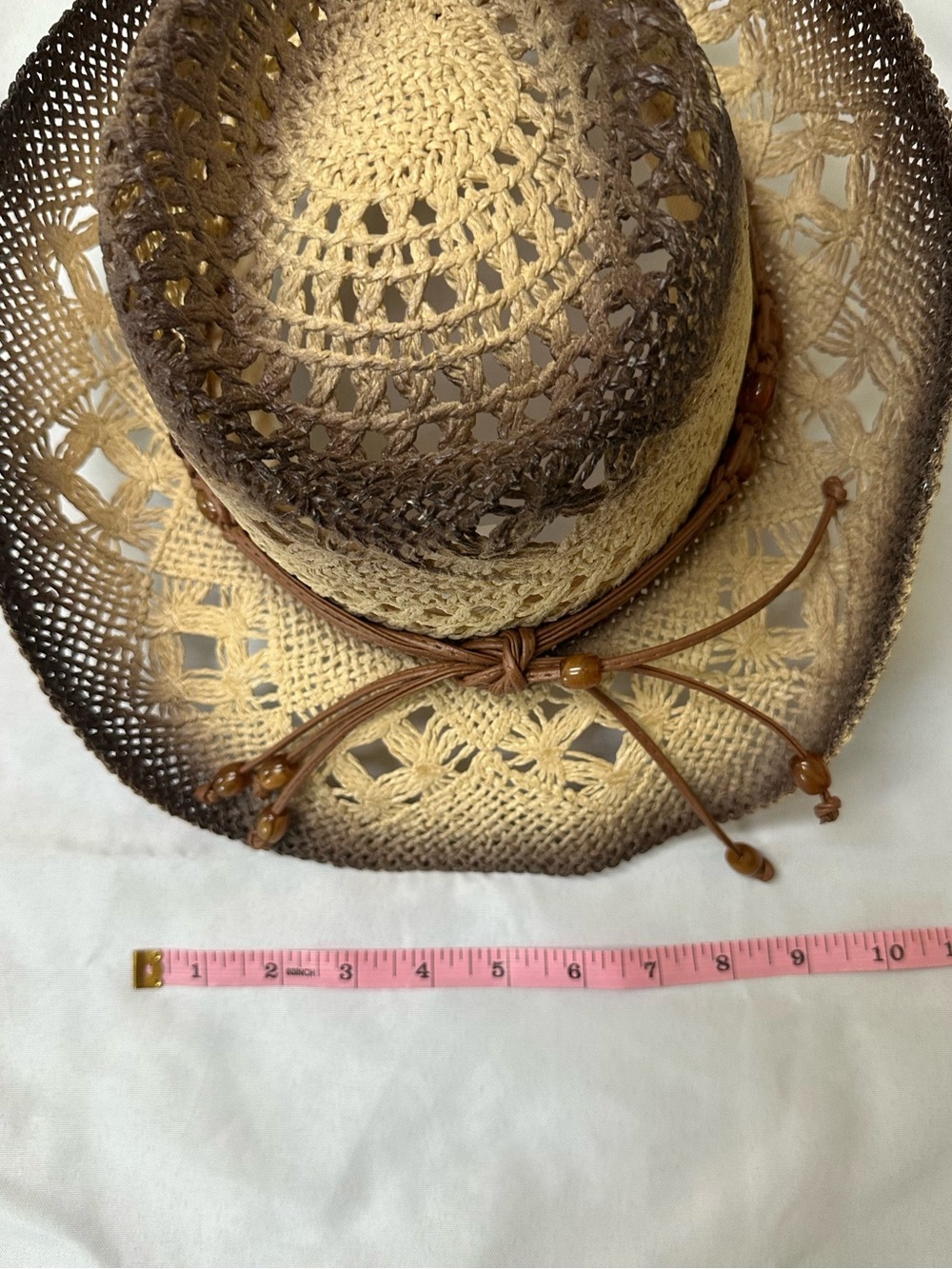 Woven Straw Western Cowboy Hat with Beaded Leather Band - Brown Ombre - Picture 6 of 12